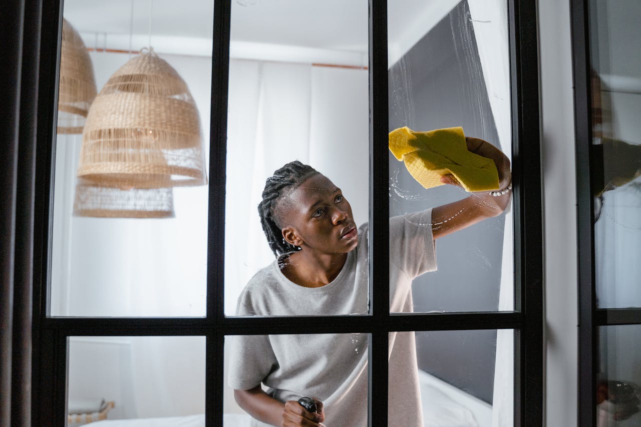 A person attentively cleaning a glass window indoors with a yellow cloth, ensuring a spotless finish.
